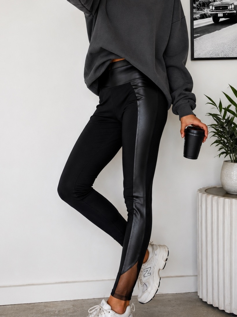 Wolford Billie Faux Leather Panel Mesh Leggings Black Small